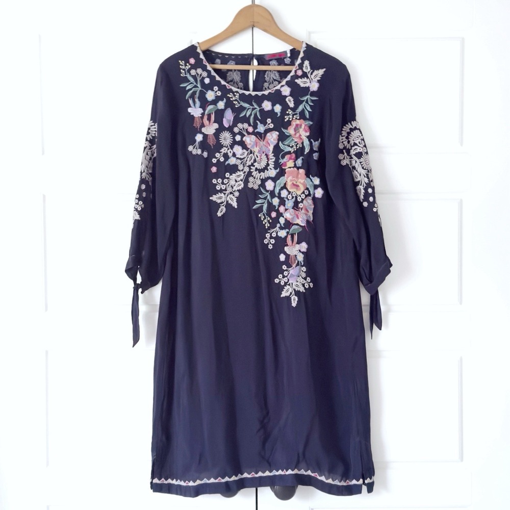 Johnny Was Floral Embroidered Butterfly Arva Dress Small Navy Blue Boho Eclectic